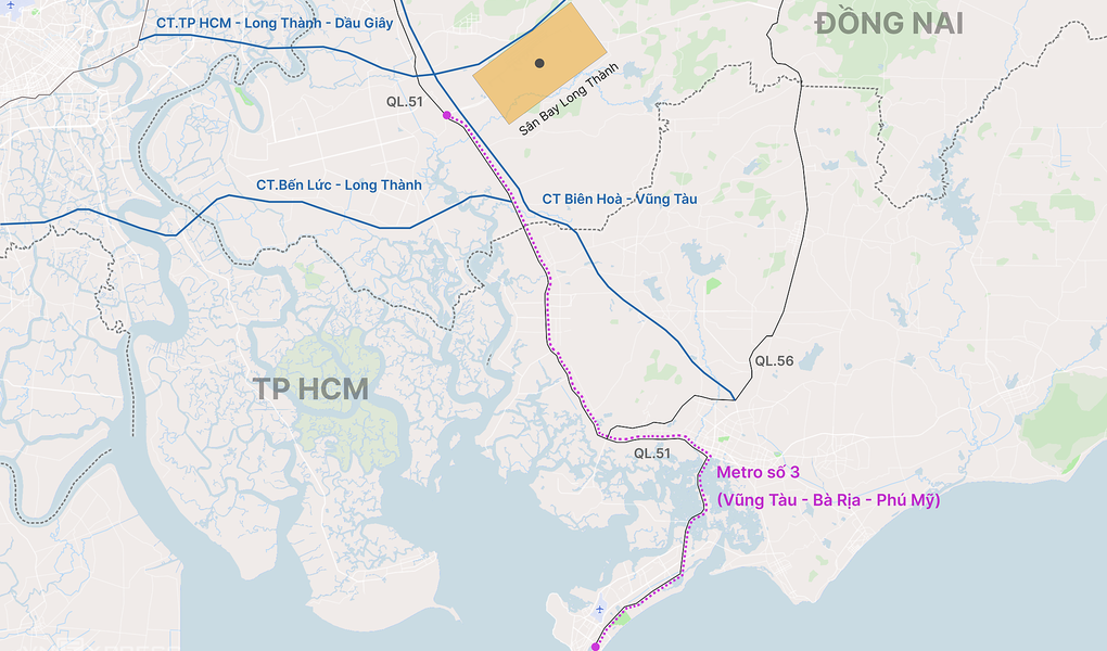 Hướng tuyến metro số 3 Vũng Tàu - Bà Rịa - Phú Mỹ