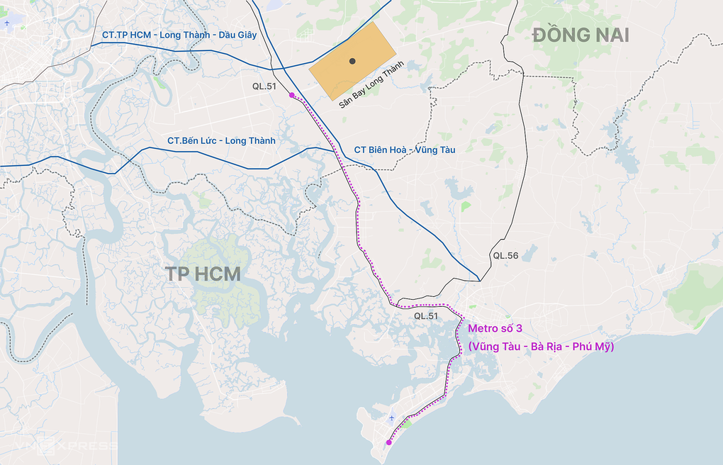 Hướng tuyến metro số 3 Vũng Tàu - Bà Rịa - Phú Mỹ